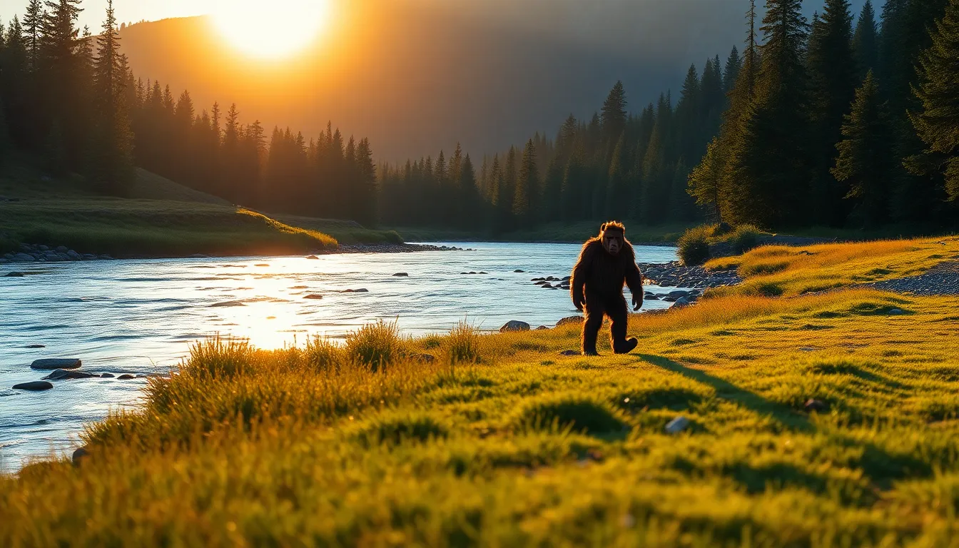 This vibrant scene captures a Sasquatch strolling along a riverbank during golden hour. The warm rim light provides a soft glow around the creature, contrasting beautifully with the deep blues of the water and greens of the surrounding foliage. The composition employs leading lines to guide the viewer's eye along the serene water's edge, enhancing the connection between Sasquatch and nature.