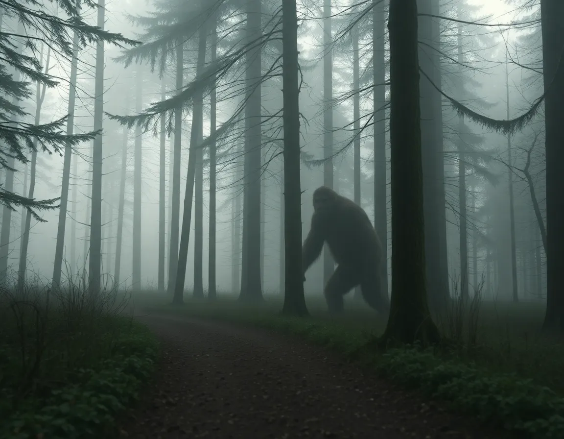 An enigmatic Sasquatch is partially visible in a misty forest, shrouded in mystery and surrounded by towering trees. Captured in soft overcast light, the scene portrays a beautiful blend of muted colors and sharp details, drawing the viewer's attention down the forest path. The mist adds to the atmosphere, creating an otherworldly vibe that invites exploration. The composition leads the eye naturally towards the Sasquatch, enhancing the sense of intrigue.