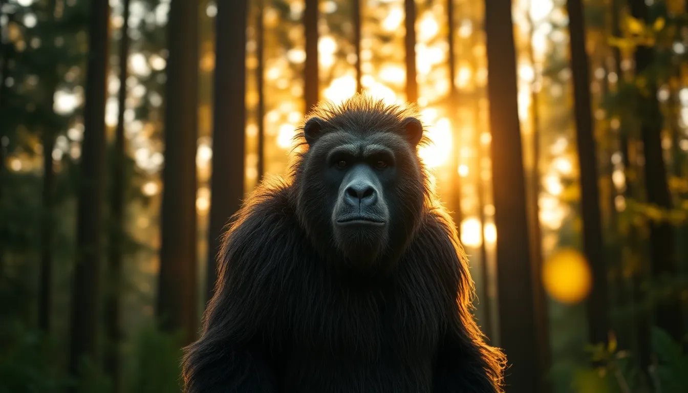 This dramatic image showcases a Sasquatch standing proudly atop a rocky outcrop with stunning mountains in the background. The late afternoon light creates striking contrasts, enhancing the creature's fur texture and the rugged rock surfaces. Shot with a Canon EOS R5, the selective focus draws attention to the Sasquatch's expressive features while the blurred distant scenery adds depth. The cinematic teal and orange color grading enriches the mood of this majestic moment in nature.