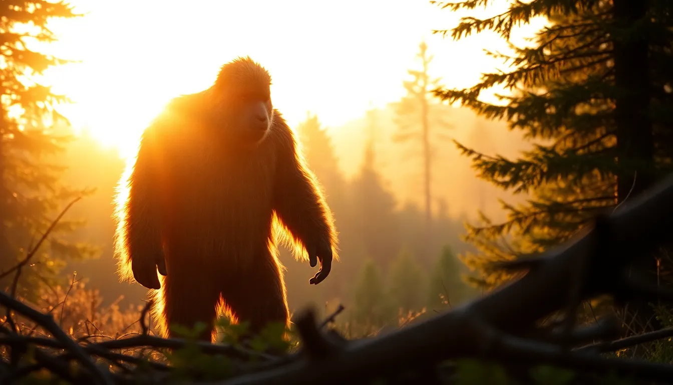 Sasquatch Silhouette at Dusk This image captures a Sasquatch silhouetted against a warm golden hour backdrop, with sunlight creating a stunning halo effect around its form. The surrounding forest, rich with greenery, maintains sharp detail throughout, allowing viewers to appreciate the natural beauty that envelops the creature. As fallen branches form leading lines directing focus toward the Sasquatch, the tranquil scene evokes a sense of serenity as day transitions to night. The warm color palette beautifully complements the atmosphere of peace in nature.