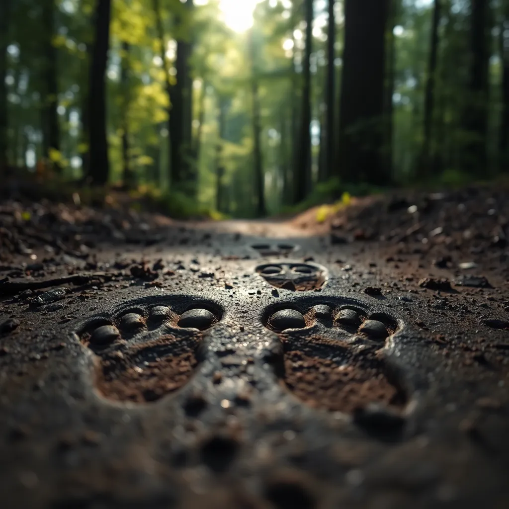 A striking close-up captures the unmistakable footprints of a Sasquatch imprinted in wet mud along a tranquil forest trail. Dappled sunlight filters through the canopy above, highlighting the texture of the tracks in rich earthy tones. Shallow depth of field creates a beautiful bokeh background that adds depth and focus to the mysterious footprints. This image offers a compelling glimpse into the elusive nature of Sasquatch in its untamed habitat.