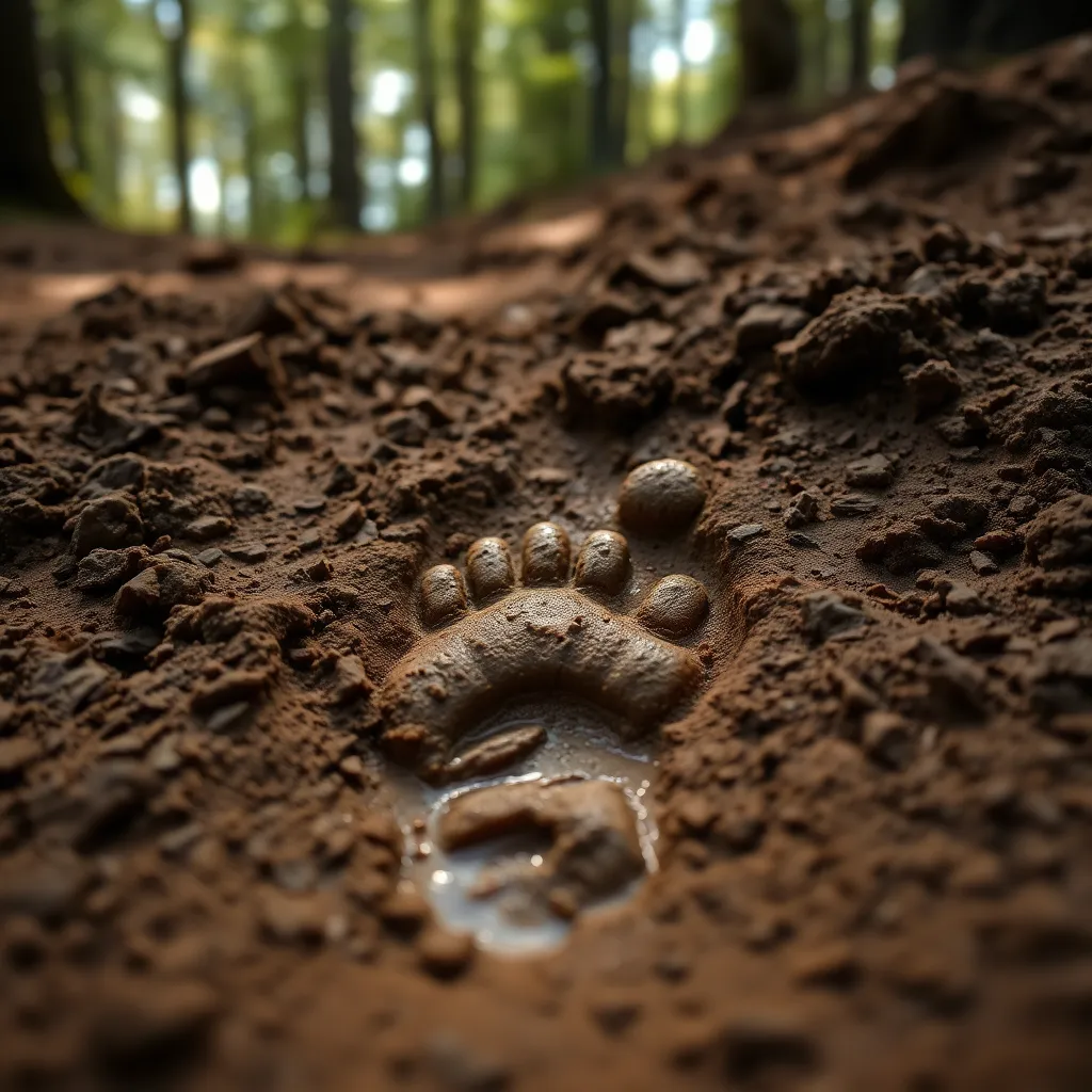 This striking close-up image offers a detailed view of a Sasquatch footprint deeply imprinted in a muddy wilderness trail. The surrounding earth is textured with pebbles and foliage, enhancing the realism of the scene. Soft filtered daylight accentuates the footprint's features, revealing its substantial size compared to smaller animal tracks nearby. The earthy color palette of browns and greens invokes a sense of connection to nature, while the focused composition draws attention to this intriguing evidence of the elusive creature's presence.