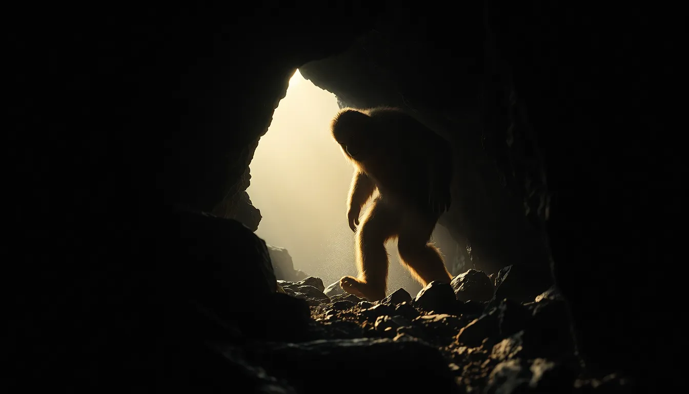 In this captivating image, a Sasquatch is seen emerging from the darkness of a misty cave as dawn breaks, casting soft light upon its formidable figure. The interplay of light and shadow creates a dramatic effect that showcases the rugged textures of the surrounding rocks. The muted earth tones contribute to the atmosphere of mystery and intrigue, inviting viewers to ponder the elusive nature of Sasquatch. This photo immerses the audience in a moment of exploration between light and darkness, evoking feelings of wonder.