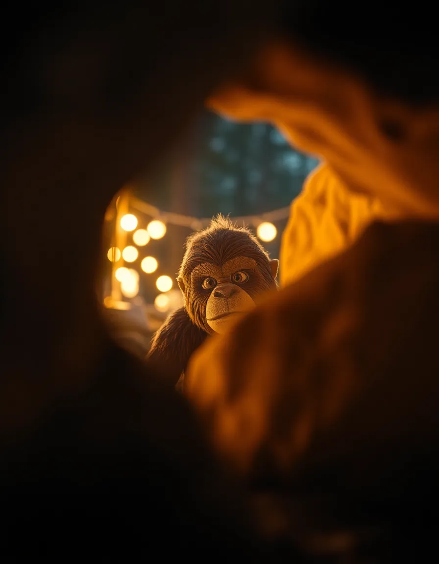 In an inviting campsite illuminated by warm campfire light, a Sasquatch figure peers curiously from behind a large boulder. The flickering light creates a cozy yet mysterious atmosphere, with shadows dancing around the scene. The selective focus emphasizes the creature's expressive eyes, while the background fades into a soft blur, enhancing the sense of intrigue. This image encapsulates the elusive nature of Sasquatch in a warm, inviting environment that invites viewers to imagine the stories behind the silhouette.
