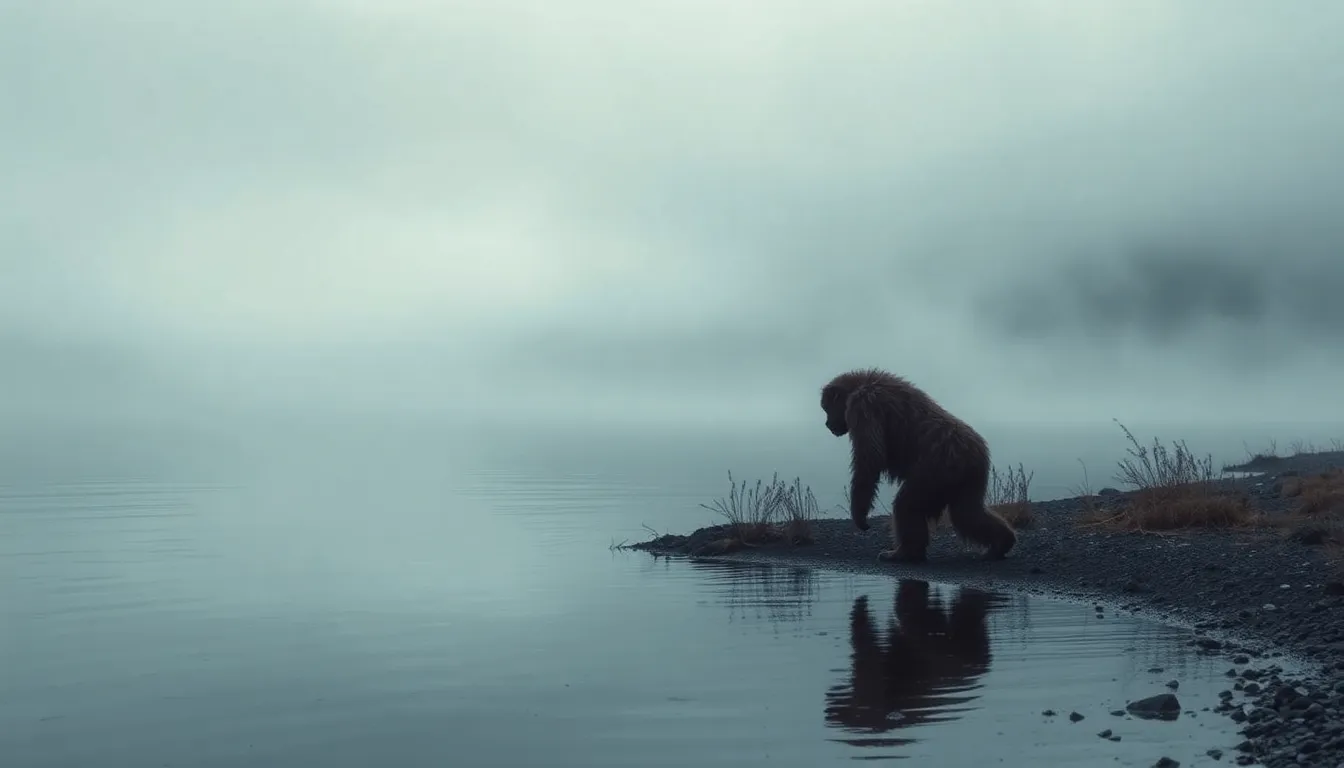 This captivating image features a Sasquatch partially obscured by dense forest undergrowth, surrounded by towering trees and vibrant foliage. Dappled sunlight filters through the canopy, illuminating its fur while casting soft shadows on the forest floor. The creature’s expression is one of curiosity, with a hint of playfulness, perfectly balanced within the tranquil yet mysterious woodland setting. The composition draws attention to the sasquatch's intricate fur details, making it feel as if it is peeking from the depths of the woods.