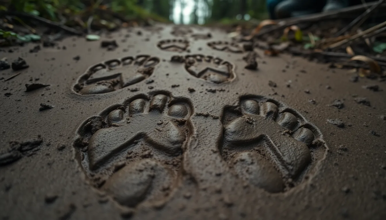 Detailed View of Sasquatch Footprints This close-up image showcases a pair of Sasquatch footprints imprinted in wet mud, highlighting their intricate details. Captured on an overcast day, the diffused lighting reveals the rich textures of the mud and surrounding foliage. Earthy tones create a sense of groundedness and connection to nature. The thoughtful composition uses leading lines to draw the viewer’s eye toward the footprints, igniting curiosity about the mysterious creature.
