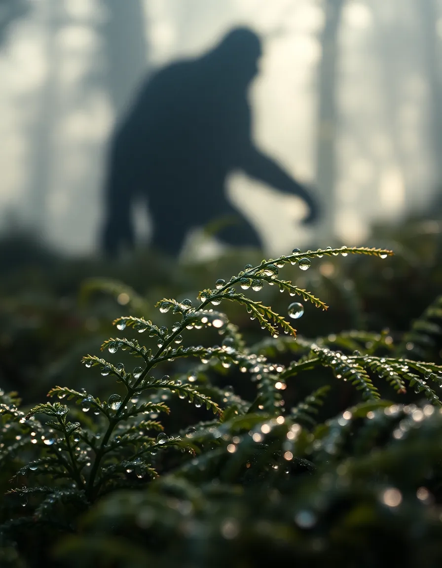 Sasquatch Shadow Among Morning Ferns In this captivating macro shot, early morning dew glistens on a lush bed of ferns, with the looming shadow of a Sasquatch subtly present in the background. The shallow depth of field beautifully isolates the dew droplets, creating a serene and intimate atmosphere. Soft greens and browns enrich the natural palette, while the composition juxtaposes the delicate ferns against the imposing mystery of the Sasquatch. This image invites viewers to ponder the coexistence of gentle nature and legendary creatures.