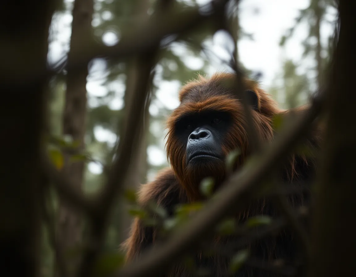 A captivating image of Sasquatch standing majestically in a misty woodland, enveloped in soft bokeh. The overcast daylight provides an even illumination, enhancing the natural muted tones of the scene. The composition frames Sasquatch through an arch of tree branches, highlighting its impressive scale within the tranquil forest context, creating a sense of wonder and mystique.
