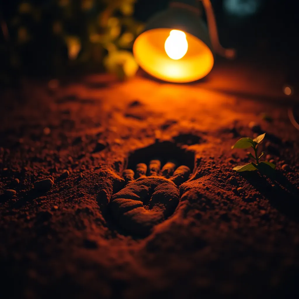 A close-up view of a Sasquatch footprint reveals intricate details in the soft earth illuminated by a warm tungsten desk lamp. The surrounding foliage enhances the earthy tones, providing context to the intriguing discovery. The shallow depth of field creates a soft, dreamy effect in the background, emphasizing the texture of the soil and small pebbles. This image captures the essence of mystery and adventure, inviting viewers to imagine the creature's presence.