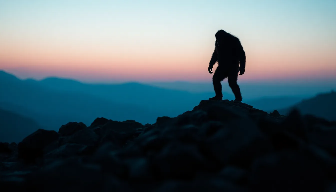 Silhouette of Sasquatch at Twilight This enchanting image showcases the silhouette of a Sasquatch standing majestically on a rocky outcrop during twilight. The cool blue light envelops the scene, while the tilt-shift technique draws focus on the creature against the serene backdrop. The leading lines of the rocks guide the viewer's gaze to the Sasquatch, creating a romantic and mysterious atmosphere. The cinematic teal and orange color grading offers a tranquil yet dramatic feel, capturing the essence of the elusive creature in its natural habitat.