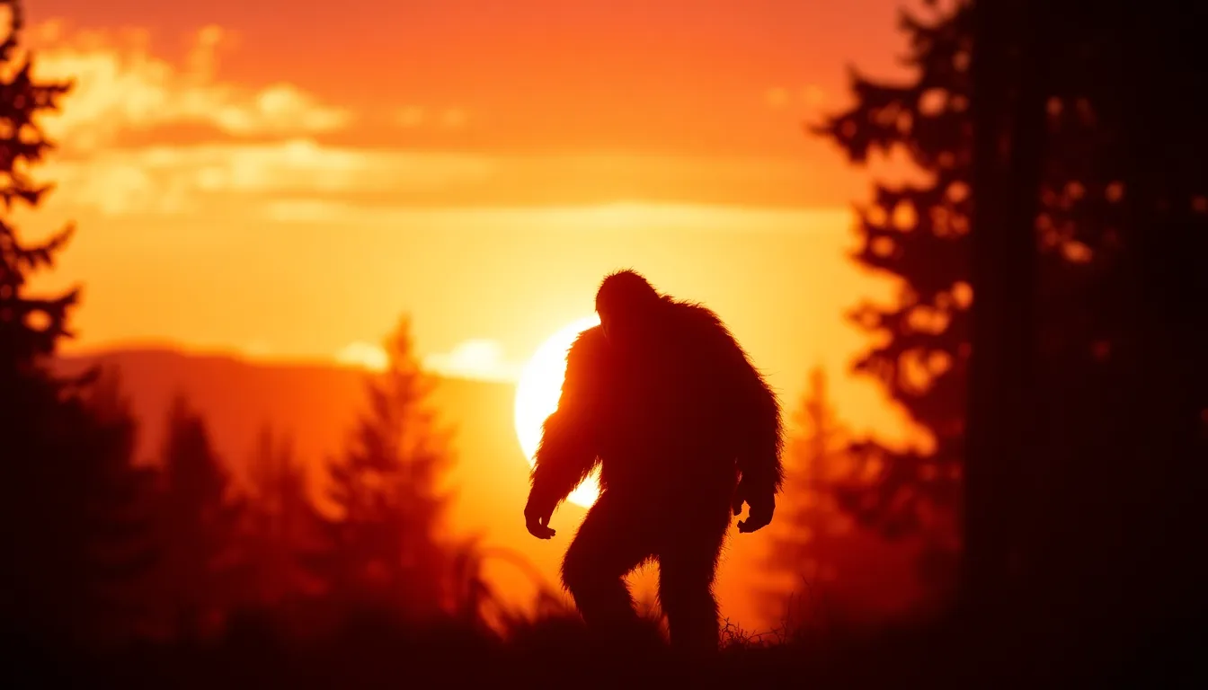 This stunning image features a Sasquatch boldly silhouetted against a breathtaking sunset, with the sky ablaze in warm oranges and pinks. The creature stands tall, its outline sharply defined by the warm rim lighting that highlights its muscular form. Surrounding trees dissolve into a soft blur, creating an ethereal backdrop that emphasizes the silhouette. The tranquil yet powerful setting evokes a sense of awe and wonder, inviting viewers to imagine the creature's hidden life at twilight, a true embodiment of nature's mystery.