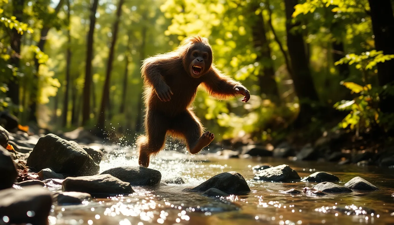 Playful Sasquatch Leaping Over Stream This vibrant image captures the energetic moment of a Sasquatch leaping over a stream in a sunny forest. The splashes of water surround the creature, showcasing its playful nature. Dappled sunlight creates lively reflections in the water, enhancing the sense of movement. With a shallow depth of field, the focus remains on the Sasquatch, whose textured fur and joyful expression add warmth to the scene.