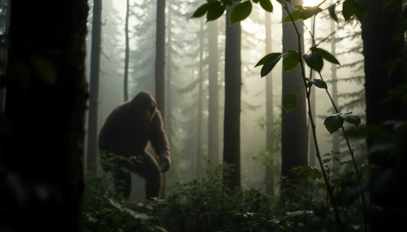 This enchanting image showcases a Sasquatch emerging from dense mist in a tranquil mountain forest. The morning diffused light filters beautifully through the trees, creating a soft, ethereal ambiance. The selective focus emphasizes the creature while rendering the backgrounds in a dreamy bokeh, enhancing the mystique around this legendary being. The lush greens and soft grays convey a sense of freshness, inviting viewers into this serene natural world.