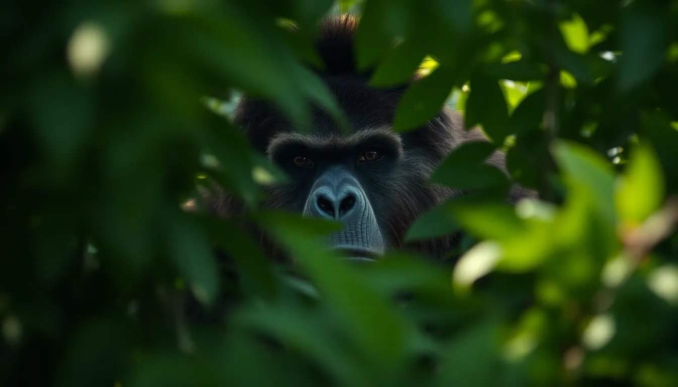 In this captivating image, a Sasquatch peers from behind thick foliage, exuding an air of mystery. The soft afternoon light creates enchanting dappled patterns on the ground, enhancing the sense of depth. The shallow depth of field isolates the creature beautifully, with soft bokeh enveloping its form. Rich greens and warm browns coexist harmoniously, while the detailed textures of both the leaves and the Sasquatch's fur invite viewers to explore this hidden world.