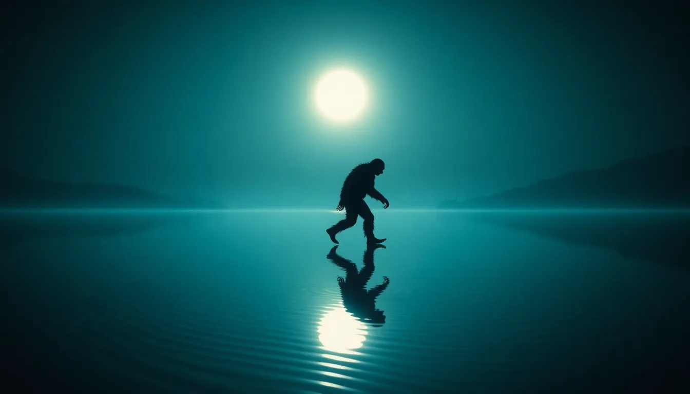 In this striking image, a Sasquatch silhouette stands against the serene backdrop of a moonlit lake. The overcast moonlight casts a mystical glow, reflecting beautifully on the water's surface. The symmetrical composition allows for a deep sense of tranquility, with ripples adding a subtle texture to the scene. The cinematic teal and orange color grading enhances the otherworldly atmosphere, making this a captivating portrayal of a legendary creature in its habitat.