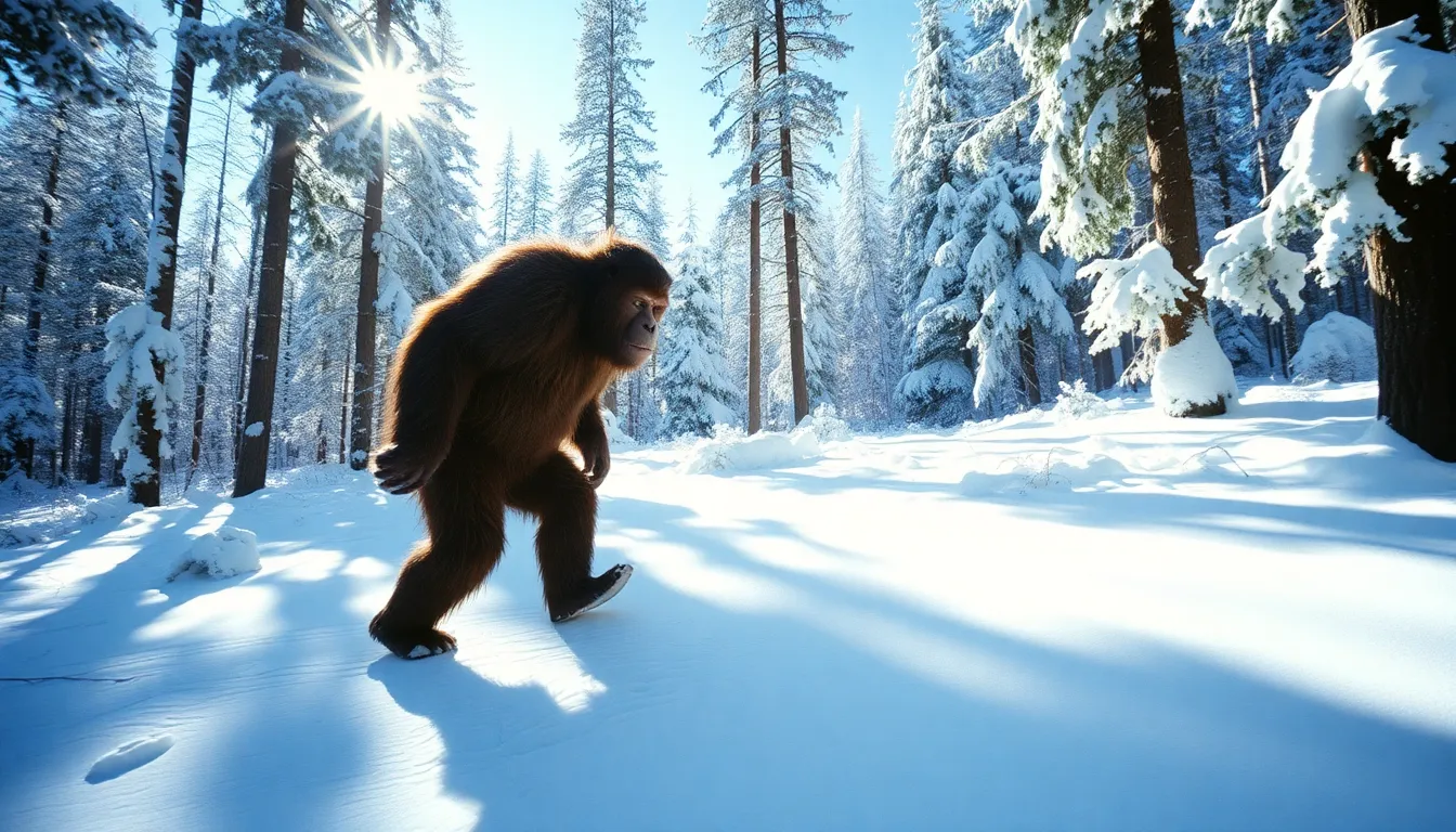 This vivid image depicts a Sasquatch gracefully walking through a stunning snowy forest. Bright winter sunlight creates dynamic contrasts of shadows on the sparkling snow, giving depth to the scene. The warm tones of the creature stand out against the cool whites, captured with precision and clarity. The composition adheres to the rule of thirds, ensuring an engaging visual experience as viewers appreciate the delicate texture of snowflakes glittering in the sunlight.
