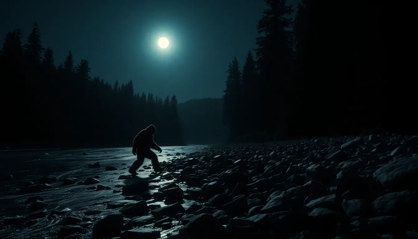 This eerie image depicts a Sasquatch, illuminated by the silvery light of a full moon, as it strides cautiously along a rocky riverbank. The surrounding forest looms darkly in the background, contributing to the feeling of isolation and mystery. The moonlight casts dynamic shadows and highlights over the creature's fur, revealing its muscular build in stunning detail. The tranquil river reflects the moon's glow, enhancing the ethereal quality of the scene and inviting viewers into a world where the legendary creature roams free.