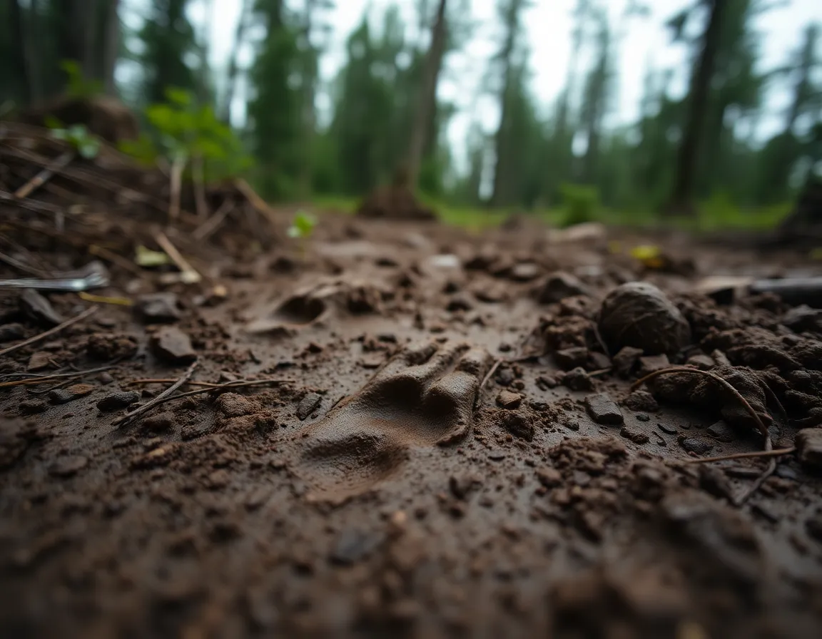 Sasquatch Footprints in the Mud This close-up image beautifully captures the intricate details of Sasquatch footprints embedded in muddy terrain, offering a glimpse into the mysterious creature's presence in the wilderness. Soft, natural light from an overcast sky illuminates the scene, emphasizing the texture of the mud and the surrounding foliage. The depth of field draws attention to the prints while fading the background into gentle focus, creating a sense of immersion in the environment. This composition invites viewers to ponder the elusive nature of Sasquatch, leaving them intrigued.
