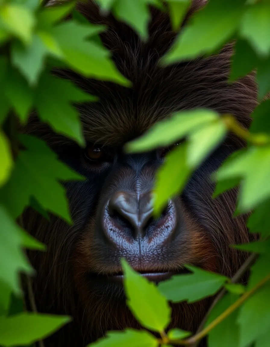 This detailed portrait captures the essence of a Sasquatch as it curiously peers through dense foliage, with its expressive eyes full of intrigue. The soft, overcast lighting enhances the realism, revealing the rich texture of its fur and skin. Surrounded by vibrant greens, the image conveys a strong connection to nature and the mysterious wilderness. This close-up invites viewers to contemplate the enigmatic creature, evoking both curiosity and admiration.