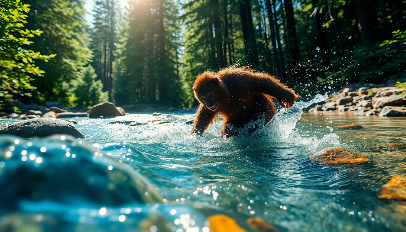 This lively image features a Sasquatch joyfully splashing through a crystal-clear stream in a lush forest. Sunlight filtering through the trees creates enchanting reflections in the water, highlighting the vibrant colors of nature. The scene evokes a sense of playfulness and freedom, illustrating the creature's connection to its environment. The dynamic composition captures the action and energy of the moment, making it an engaging depiction of this elusive being.