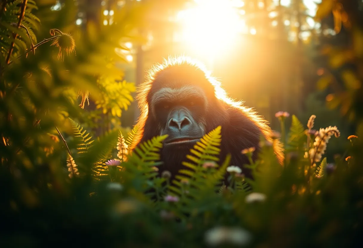 In this enchanting image, a Sasquatch is captured amidst a vibrant clearing filled with ferns and wildflowers, radiating warmth from the golden hour sun. The creature curiously peers through the foliage, with its warm fur glowing softly in the backlight. The blurred, colorful background beautifully contrasts the sharp details of the Sasquatch, drawing the eye. This whimsical scene highlights the beauty of nature and the mystery of the rarely-seen creature, inviting viewers into its world of color and light.