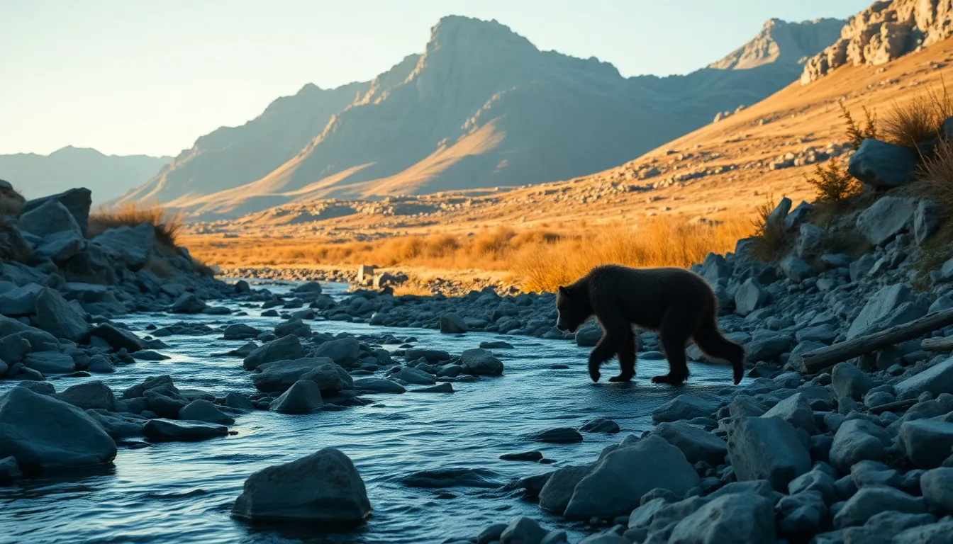 In a tranquil mountainous landscape, a Sasquatch is spotted roaming alongside a gently flowing stream during golden hour. The warm sunlight accentuates the rocky terrain and lush greenery, creating a picturesque scene. The use of hyperfocal distance captures unbelievable detail, allowing the majestic mountains to frame the creature uniquely. This image perfectly encapsulates the beauty of nature and the elusive charm of Sasquatch in its natural habitat.