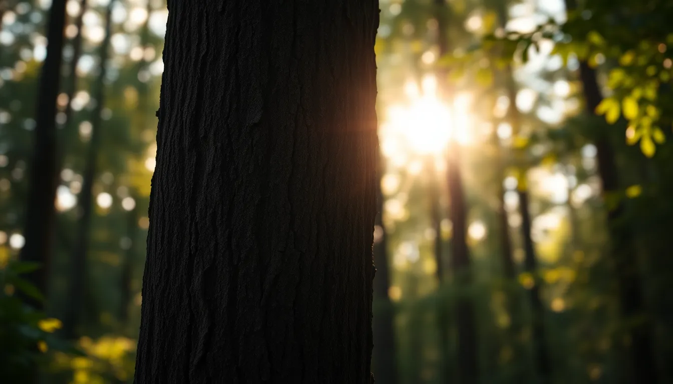A photorealistic depiction of Sasquatch partially concealed in a dense forest. Dappled sunlight filters through the tree canopy, illuminating the creature's silhouette. The image features rich, muted earth tones that evoke a sense of mystery and tranquility in the natural setting. The composition uses the rule of thirds to draw the viewer's eye towards the Sasquatch amidst the vibrant foliage.