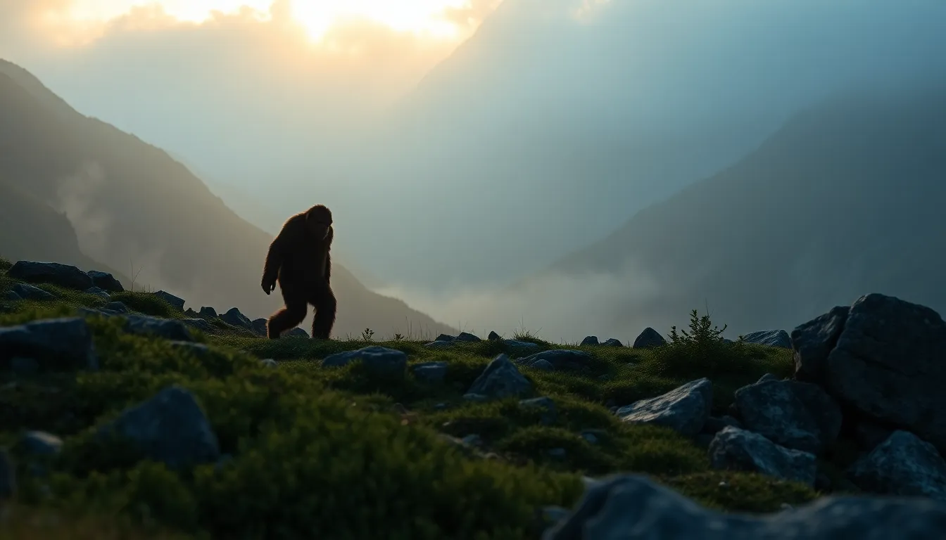 This striking image captures a Sasquatch walking through a fog-laden mountainous landscape during the soft light of dawn. The warm backlighting highlights the creature’s details, creating a stunning silhouette against a rich tapestry of colors. The atmospheric perspective enhances the sense of depth, inviting viewers into the serene yet mysterious setting. The textures of the rocky landscape contrast with the softness of the Sasquatch, adding to the image’s allure.