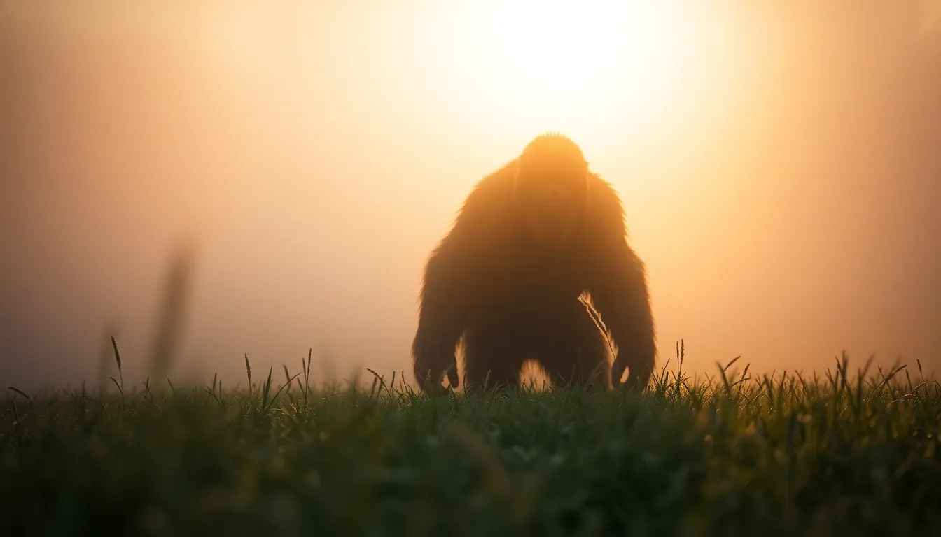 Sasquatch Emerges from Fog at Dawn In this serene image, a Sasquatch appears through a veil of dense fog during the golden hour. The warm light beautifully accentuates the texture of its fur, creating an inviting and mysterious atmosphere. The foreground features dewy grass, adding detail and depth to the scene. The shallow depth of field focuses on the creature while the soft bokeh envelops the background in tranquility.