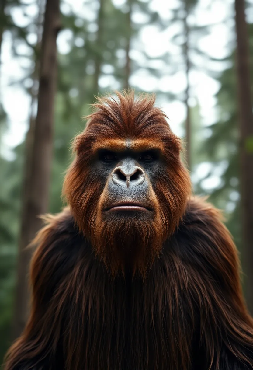 Majestic Sasquatch Amidst Tall Trees In this striking portrait, a Sasquatch stands majestically in a serene forest, surrounded by towering trees that fade into soft bokeh in the background. The creature's expressive face, adorned with intricate details of hair and skin texture, is highlighted by the gentle, diffused daylight filtering through the clouds. The saturated colors create a vivid representation of the lush environment, emphasizing the rich greens and earthy browns. The centered composition brings nature's grandeur into focus, evoking a sense of power and mystery.