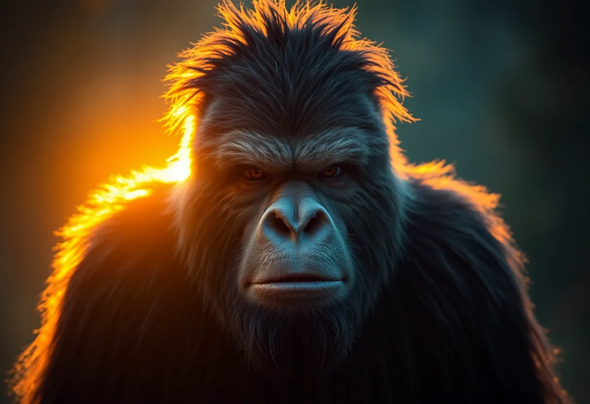 A majestic Sasquatch stands tall against a stunning sunset, illuminated by warm golden hour light. The soft, painterly bokeh in the background enriches the atmosphere while the creature's fur texture is accentuated by the warm rim light. The cinematic color grading enhances the dramatic impact, making this image a captivating depiction of nature's hidden wonders. The symmetrical composition draws the eye directly to the Sasquatch's expressive features.
