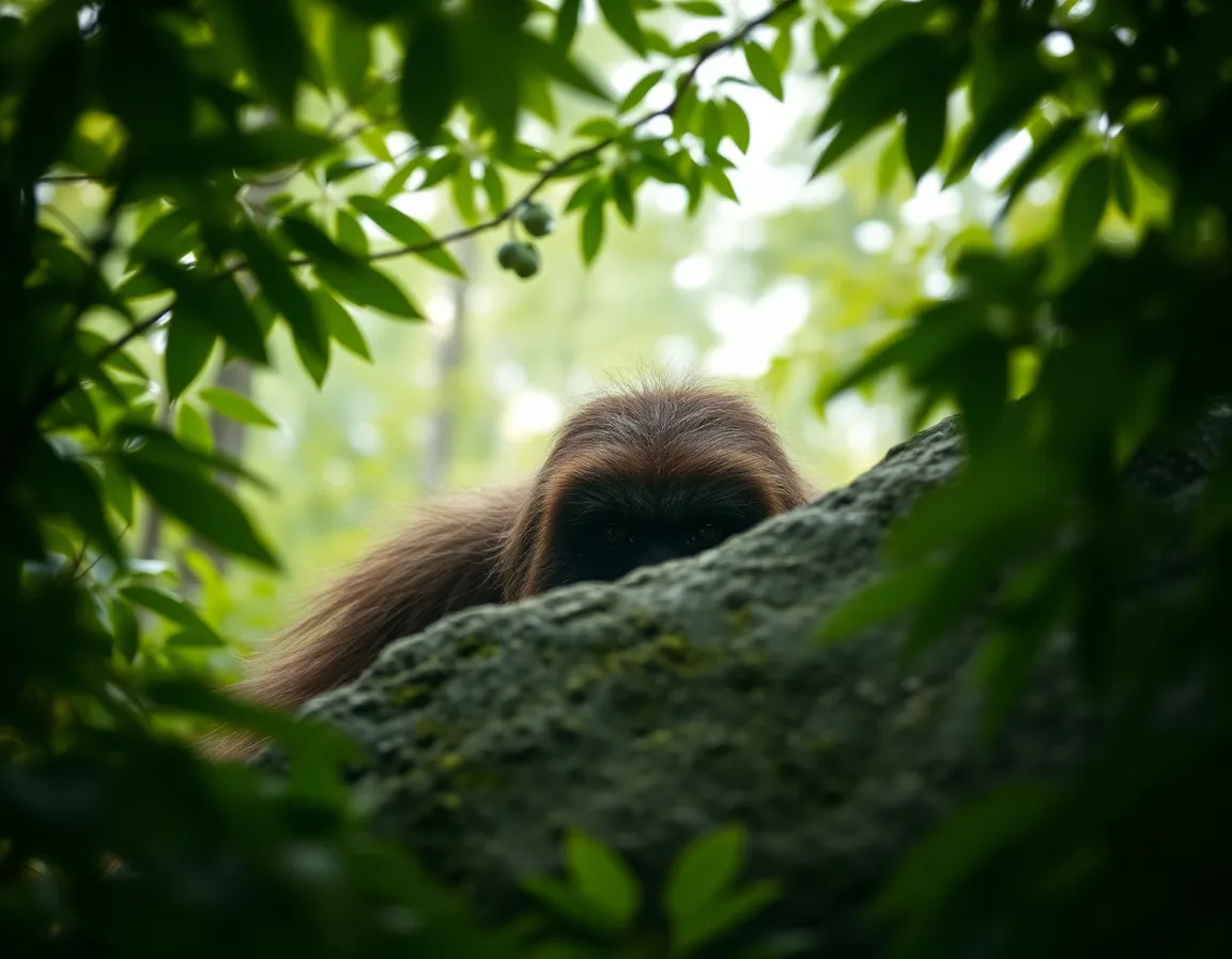 Sasquatch Hidden in Plain Sight In this intriguing image, a Sasquatch is partially concealed behind a large rock, captured under an overcast sky that diffuses soft daylight through leafy trees. The selective focus draws attention to its piercing eyes, while the vibrant greens and rich earth tones create a mystical aura. The centered composition highlights the creature's camouflaged demeanor, offering a glimpse into its secretive world. The soft textures of the rock and leaves invite viewers to explore the enchanting forest setting.