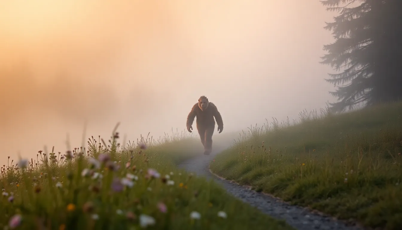 This enchanting image features a Sasquatch quietly traversing a tranquil meadow shrouded in morning fog. The soft, diffused light of dawn casts a warm glow over the scene, enhancing the mystique surrounding this legendary creature. The wildflowers in the foreground add a touch of color, while the leading lines of the path guide the viewer's gaze towards the Sasquatch, evoking a sense of wonder and exploration. It captures the essence of serene nature and the intrigue of Sasquatch lore.