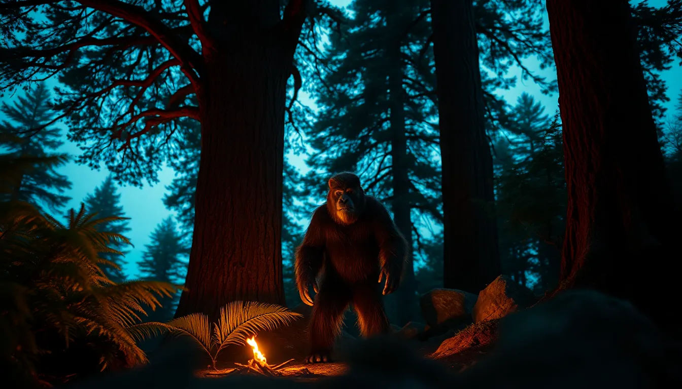 In this enchanting twilight scene, a Sasquatch is highlighted under the gentle glow of firelight within an ancient forest. The warm shadows play across its fur, creating a mesmerizing contrast against the cool, darkening surroundings. The cinematic color palette draws viewers into a world of wonder, while the towering trees frame the creature, underscoring its majestic solitude. The soft textures of the surrounding foliage add depth to the magical atmosphere.