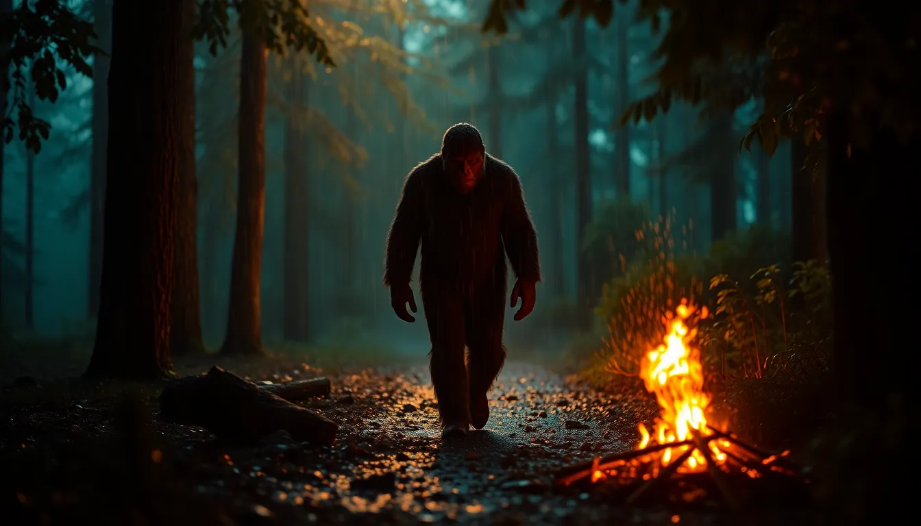 Sasquatch Walking Through Rain-Soaked Forest Capturing a magical moment, this image features a Sasquatch walking through a rain-drenched forest, illuminated by the warm glow of a campfire. The raindrops glisten on surrounding leaves, creating a captivating atmosphere. The shallow depth of field blurs the environment, enhancing the focus on the creature's silhouette. The rich teal and orange grading adds depth and drama, making this scene a visually striking portrayal of nature's wonders.