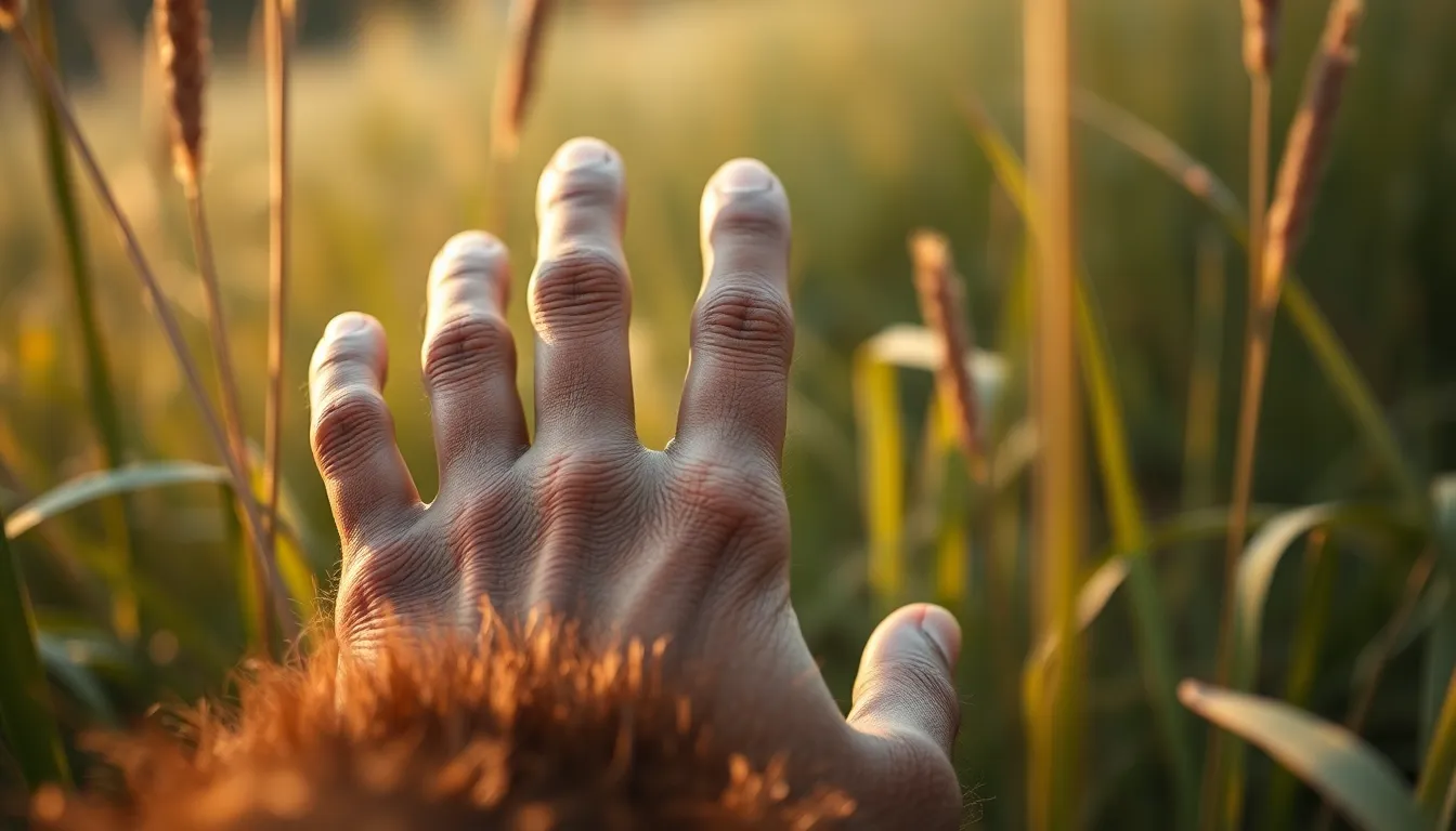 In this intimate close-up, a Sasquatch hand emerges from the tall grass, showcasing intricate details of its rugged skin and thick hair. The warm afternoon light highlights the textures, bringing an element of realism to the mythical creature. The blurred background creates a serene atmosphere, while the earthy color palette grounds the image in nature. The composition draws the viewer's attention directly to the hand, evoking curiosity about the unseen world of Sasquatch.