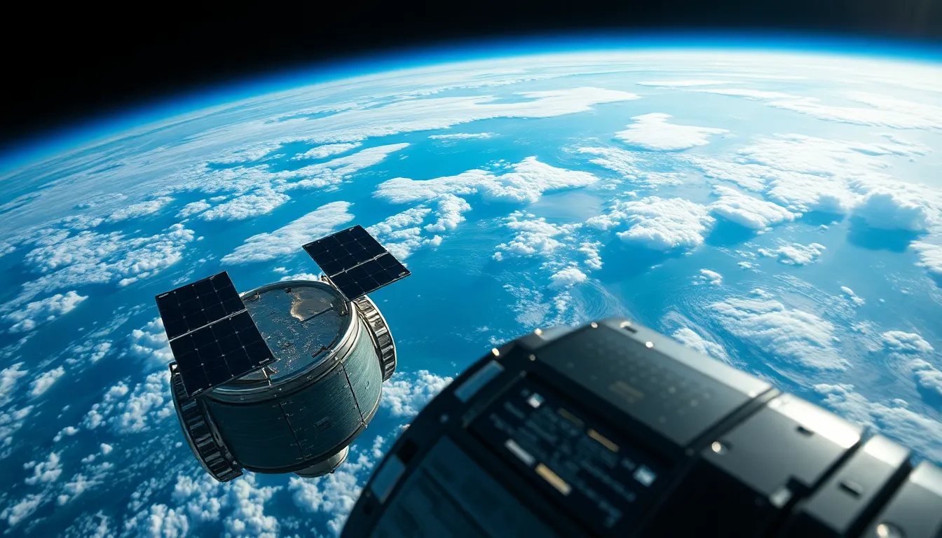 Satellite Orbiting Earth in Brilliant Detail This stunning image captures a satellite in orbit around Earth, showcasing the intricate details of its design. Bathed in bright sunlight, the satellite's solar panels reflect shimmering highlights against the backdrop of blue oceans and green landmasses. The shallow depth of field enhances the sense of distance, making the satellite the focal point against the vast, dark void of space. The vibrant colors evoke the dynamic beauty of our planet as seen from above, creating a captivating visual experience.