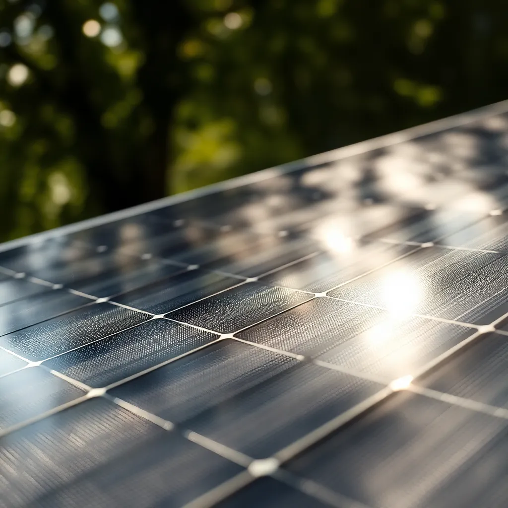 Intricate Details of a Satellite Solar Panel This close-up image beautifully captures the intricate details of a satellite's solar panel. Bathed in soft afternoon light, the textured surface of the solar cells is highlighted, revealing the complexity of their design. The shallow depth of field allows for a dreamy bokeh effect, turning the surrounding greenery into a smooth backdrop. The muted color palette enhances the natural look, inviting viewers to appreciate the advanced technology that powers satellites in orbit.