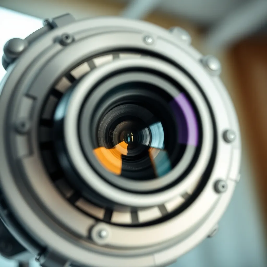This captivating close-up image focuses on a satellite's camera lens, showcasing the precision engineering involved in space technology. Illuminated by gentle daylight, the lens reflects a myriad of subtle textures and details. The soft bokeh background enhances the sharpness of the lens itself, placing emphasis on its significance in capturing images from orbit. This image encapsulates the blend of functionality and artistry found in modern technology.