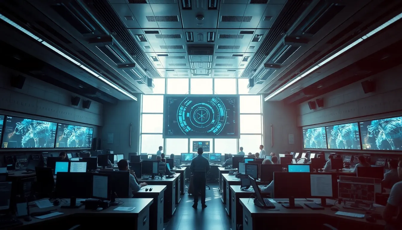 Futuristic Satellite Control Room with Operators