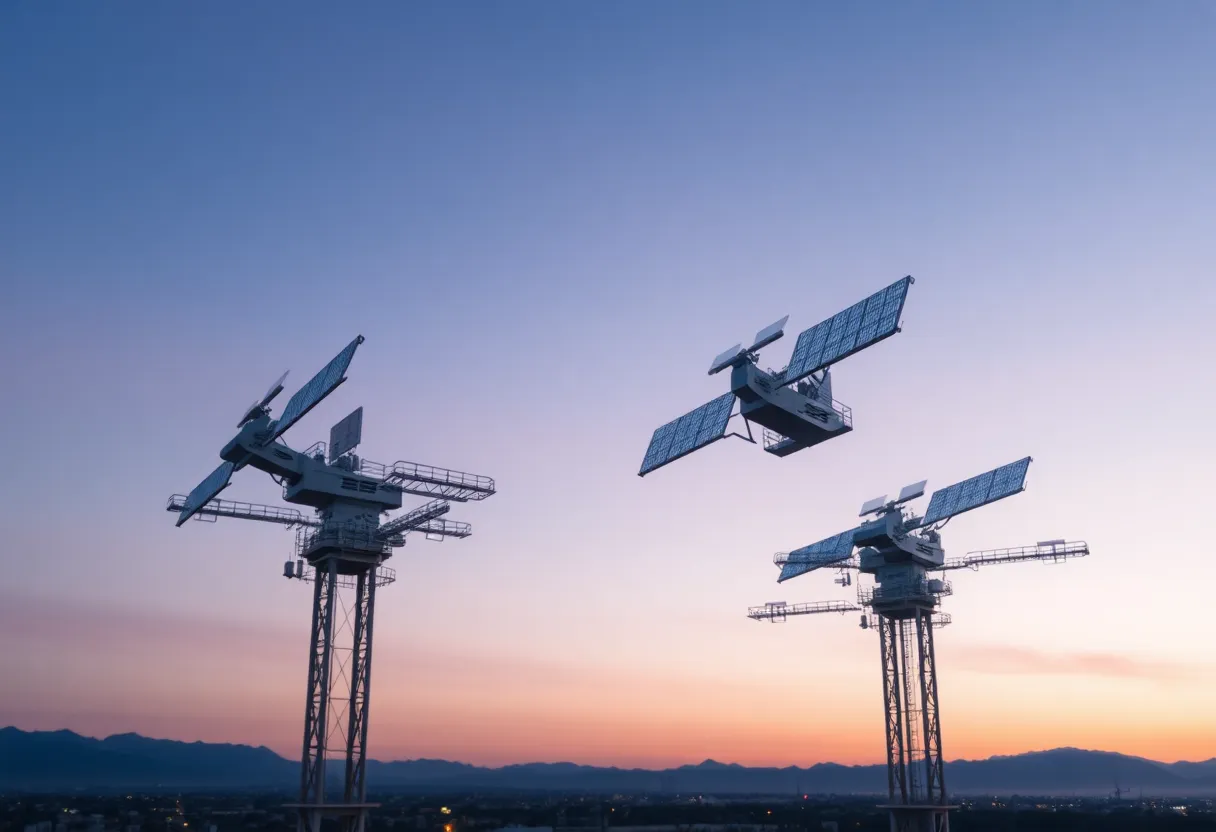 This ethereal image depicts a futuristic satellite network nestled against a twilight sky. Soft hues of purple and blue illuminate the intricate designs of the satellites, creating a dreamy atmosphere. With a shallow depth of field, the focus sharpens on the satellite structures while the background becomes a painterly blur. The natural muted tones add to the overall futuristic aesthetic, and the symmetrical composition draws viewers into the harmonious beauty of this advanced technology.