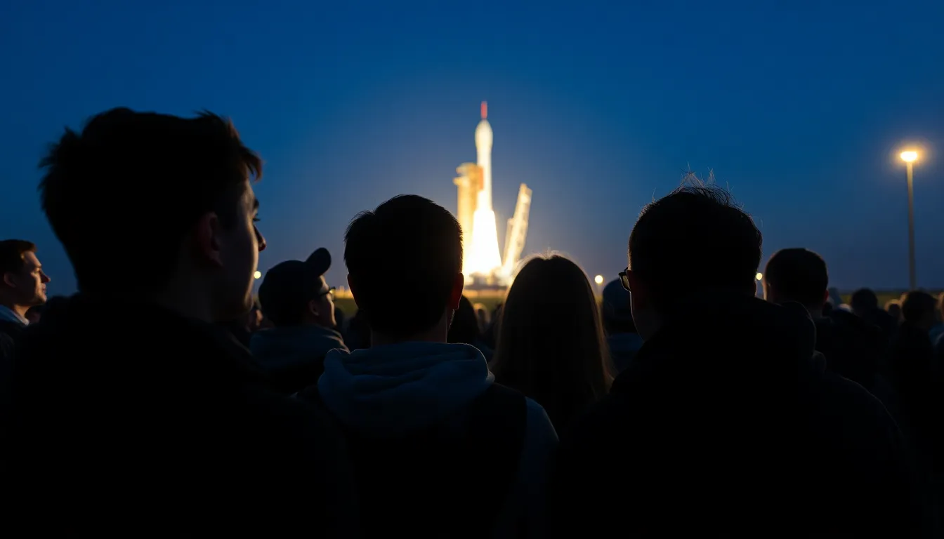 This dynamic image captures a group of eager students witnessing a satellite launch under the dusky sky. The bright launch pad lights illuminate their expressions of awe and anticipation, while the blurred rocket in the background builds excitement. The interplay of warm and cool tones enhances the atmosphere, and the leading lines guide the viewer’s gaze toward the impending launch. This scene highlights the intersection of education and innovation in space exploration.