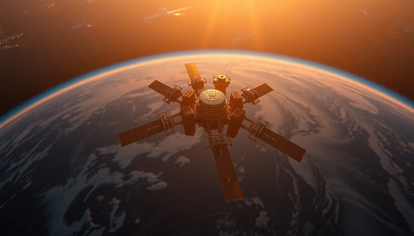 Experience the tranquility of a high-altitude view of satellites clustered around Earth, beautifully illuminated by golden hour light. The warm rim lighting enhances the intricate designs of the satellites while a soft fill reveals the vibrant colors of our planet below. The shallow depth of field creates a dreamy bokeh effect that captivates the viewer. This serene image perfectly encapsulates the harmony of advanced technology and nature in the vast expanse of space.