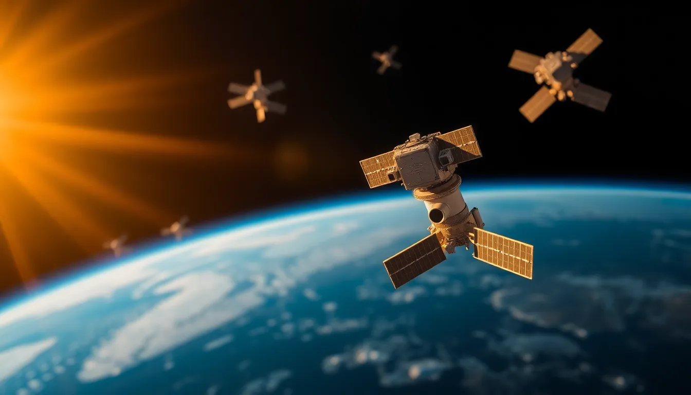 Satellite Constellation Orbiting Earth at Golden Hour