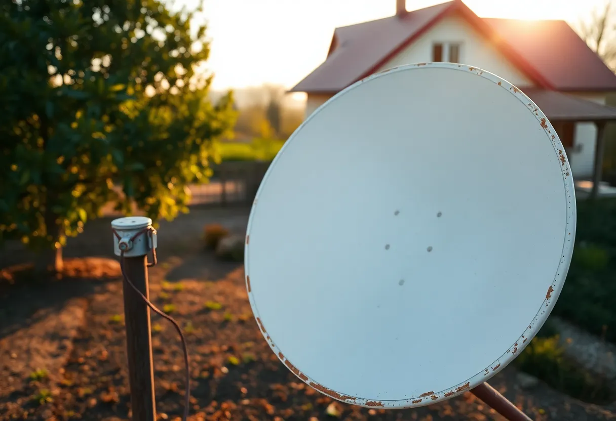 This charming image showcases a satellite dish mounted on a rustic house in a serene rural setting. Captured in warm afternoon light, the dish stands out against the weathered wooden walls. The soft hues of the surrounding garden bring a sense of tranquility, highlighting the contrast between technology and nature. Every detail, from the dish's texture to the gentle shadows, adds depth to the scene.