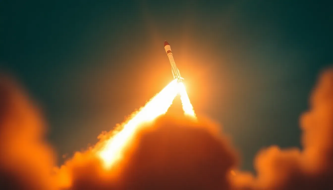 Dynamic Satellite Launch in Mid-Flight This dynamic image captures a satellite launch in mid-flight, showcasing the powerful ascent into the sky. Illuminated by the bright flames of the rocket engines, the scene is filled with dramatic highlights and shadows that emphasize the intensity of the moment. A shallow depth of field isolates the satellite against a beautifully blurred sky, while the cinematic teal and orange color grading adds to the film-like quality of the image. The diagonal composition enhances the sense of motion and urgency, making viewers feel the excitement of the launch.