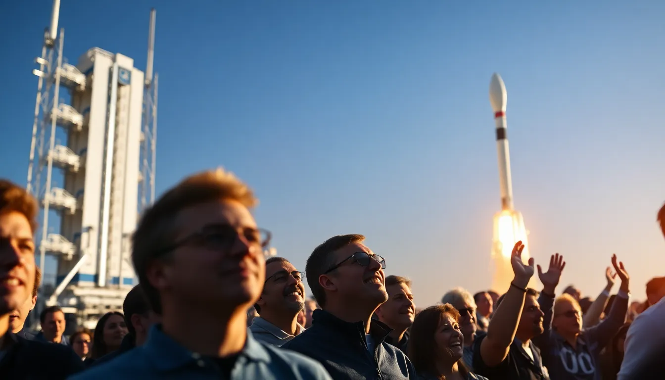 Exciting Satellite Launch Event This dynamic photograph captures the electric atmosphere of a satellite launch event. Attendees are seen cheering in excitement as a rocket stands poised for takeoff, bathed in natural daylight. With a shallow depth of field, the image focuses on the eager expressions of the crowd, while the grandeur of the rocket provides an impressive backdrop. The vibrant colors enhance the scene's energy, making it a compelling visual representation of human enthusiasm for space exploration.