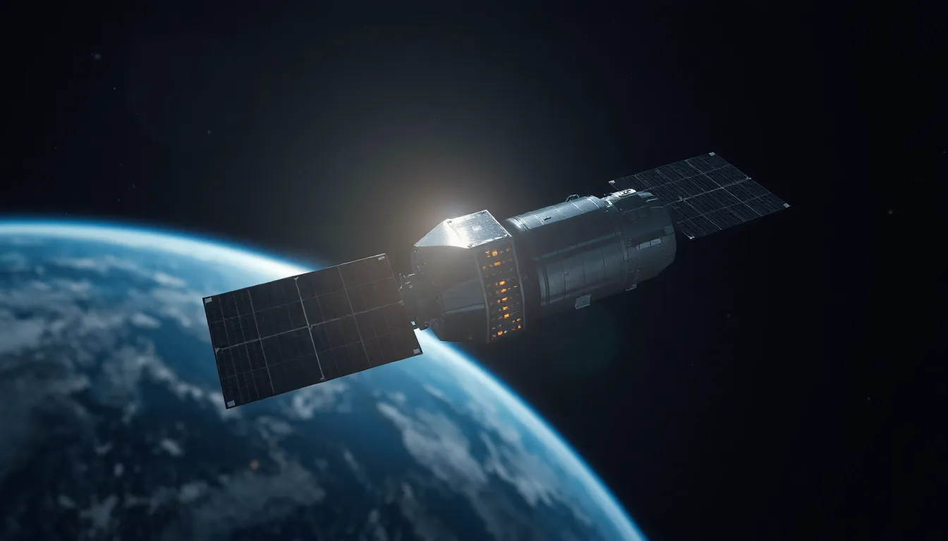 Satellite Orbiting Earth Against Starry Background