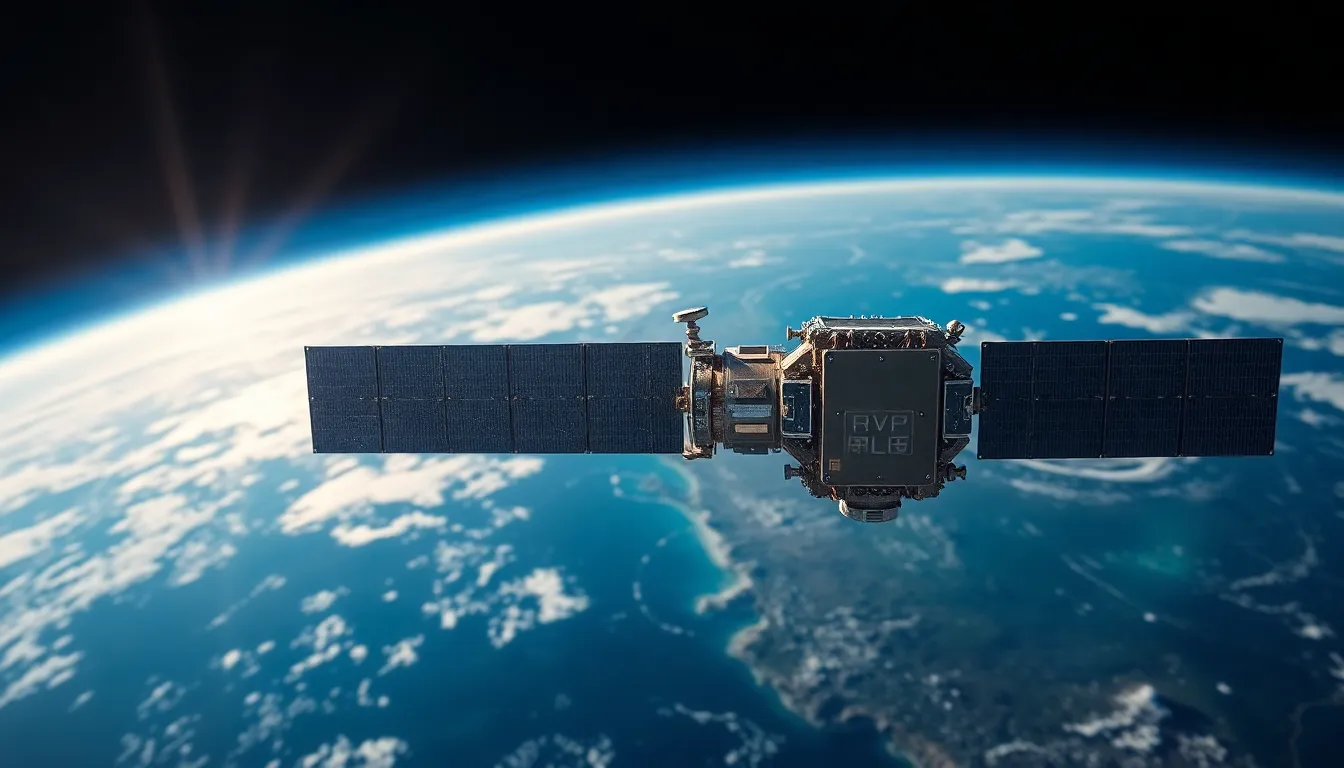 This photorealistic image showcases a satellite meticulously orbiting Earth, captured in stunning detail. Bright sunlight reflects off the satellite's metallic surface, highlighting its complex design against the serene backdrop of our planet. The photograph's shallow depth of field emphasizes the satellite while the vibrant blues and greens of Earth create a striking contrast. This captivating scene perfectly encapsulates the harmony of technology and nature in space exploration.