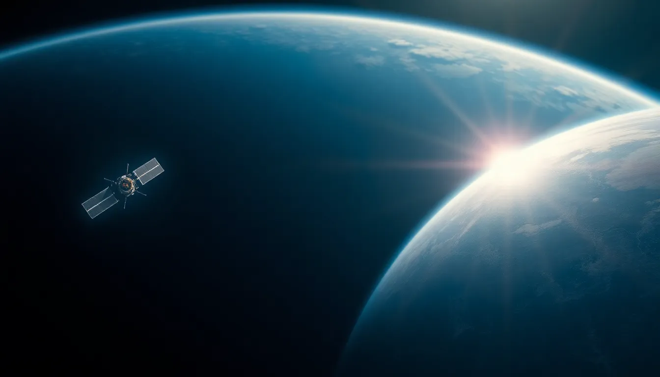 Satellite Orbiting Earth in Space This captivating image depicts a satellite gracefully orbiting Earth against the vastness of space. Captured with a telephoto lens, the satellite is in sharp focus, showcasing intricate details of its construction, all while bathed in sunlight. The deep blues of space and the vibrant colors of Earth create a striking contrast, enhancing the feeling of isolation and technological marvel. The thoughtful composition draws the viewer's eye to the satellite, emphasizing its significance in the grand scheme of the cosmos.